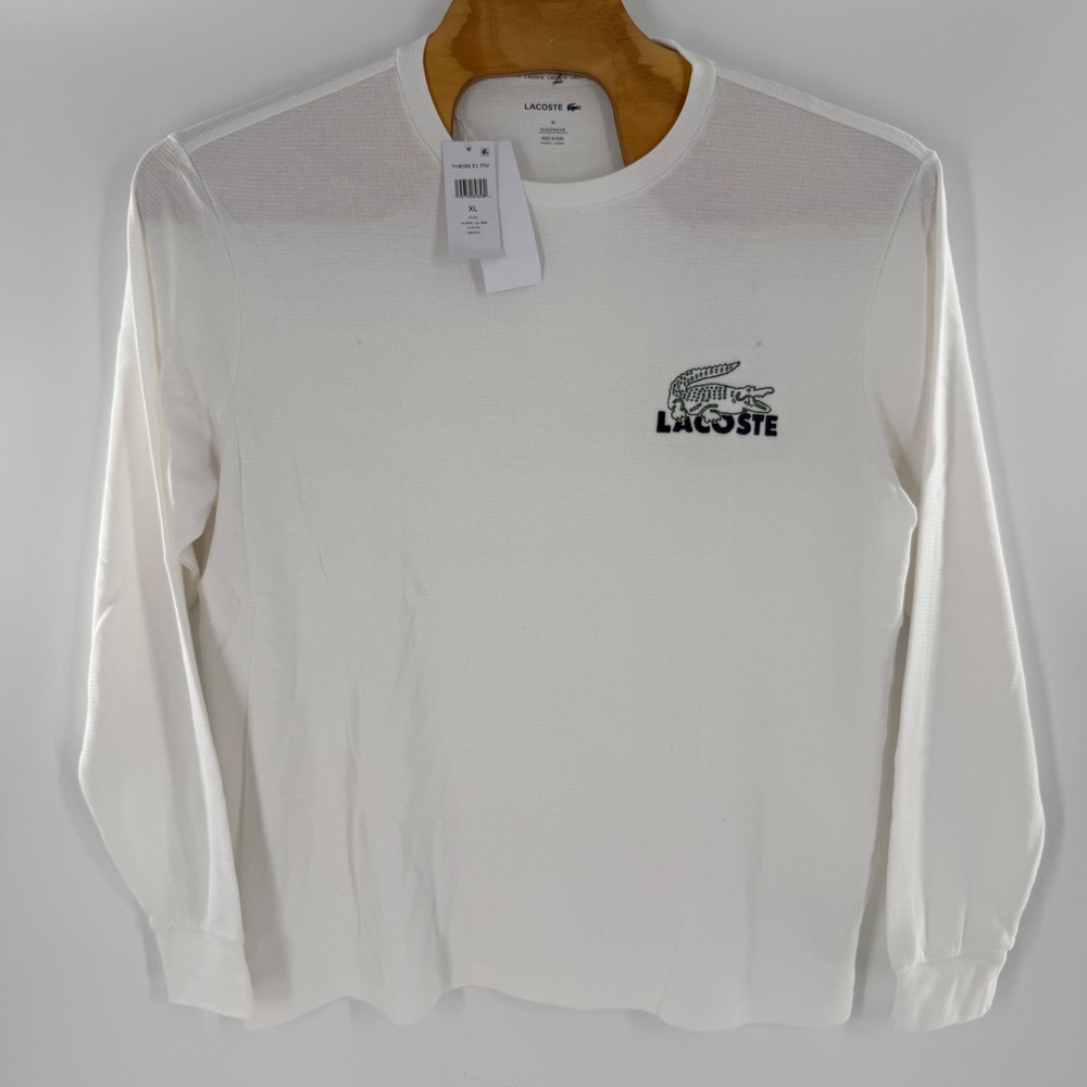 Lacoste Mens XL White Waffle Knit Long Sleeve Thermal Sleepwear Top TH8089